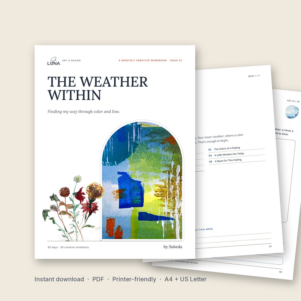 The Weather Within Issue 01 cover: Suheda's abstract painting and watercolor flowers
