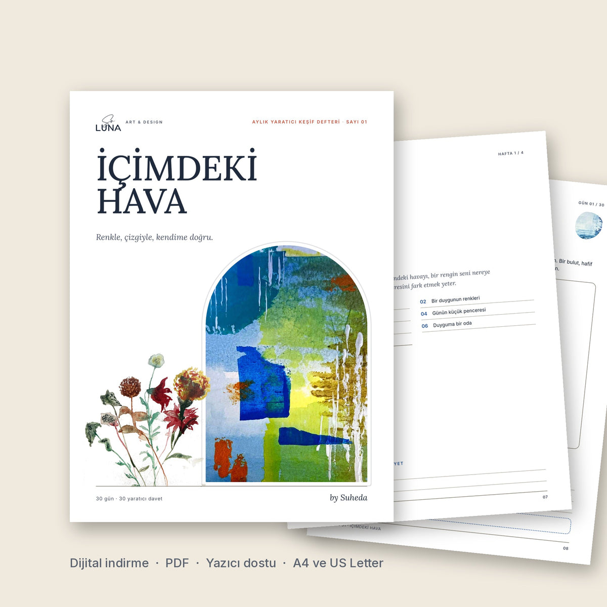 İçimdeki Hava Sayı 01 kapağı: Suheda'nın soyut resmi ve suluboya çiçekleri