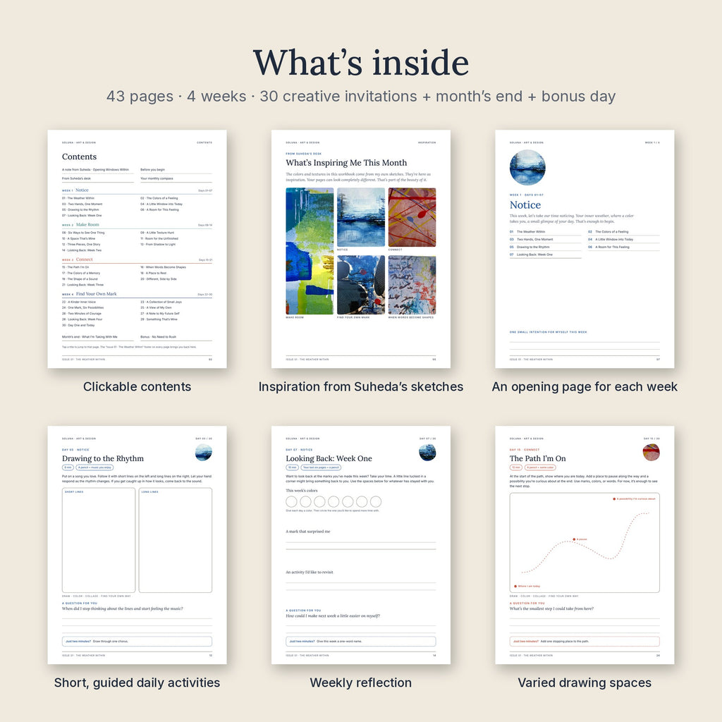 Six pages from inside the workbook: contents, inspiration page, week opener and daily activities