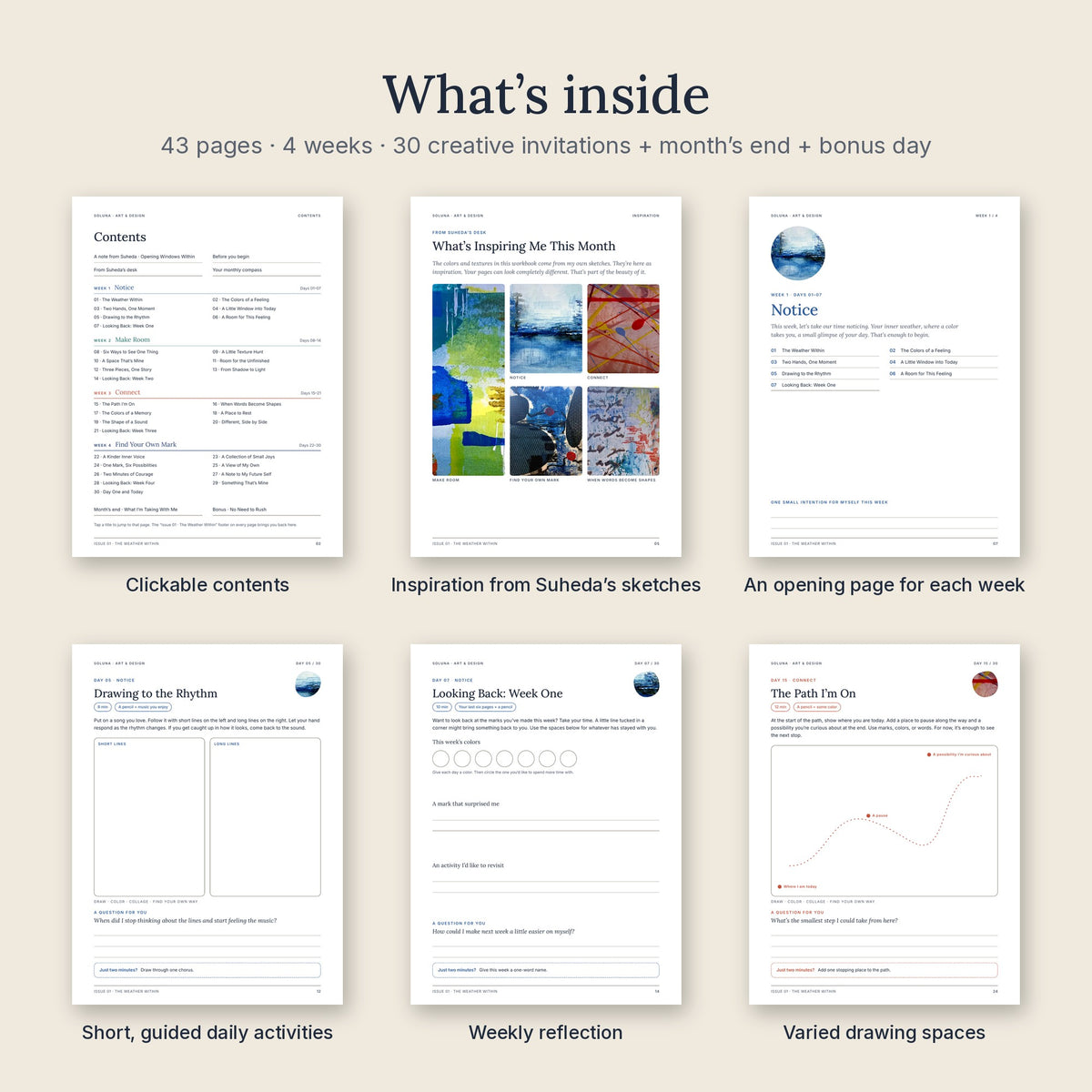 Six pages from inside the workbook: contents, inspiration page, week opener and daily activities