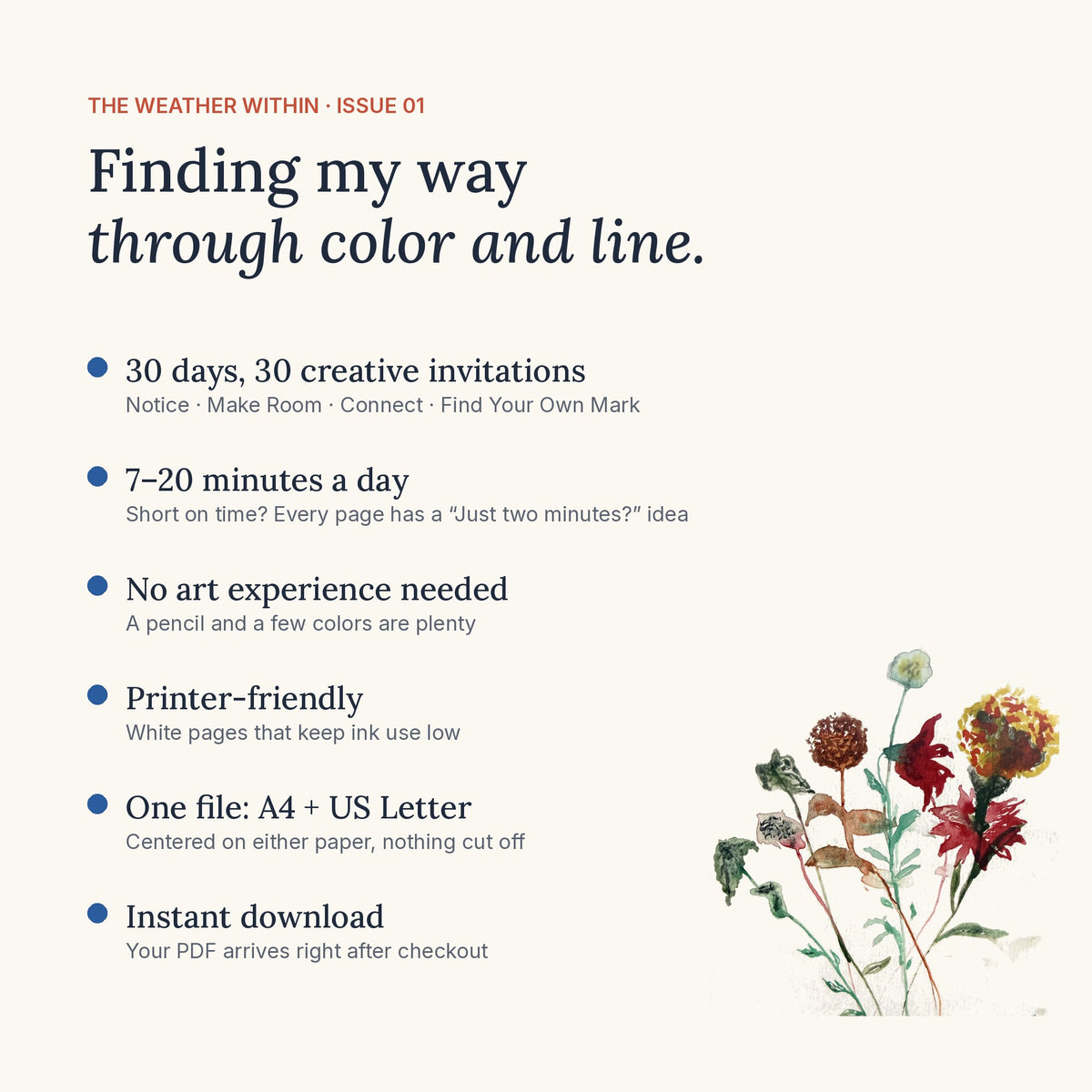 Workbook features: 30 days, 7–20 minutes a day, printer-friendly, A4 and US Letter