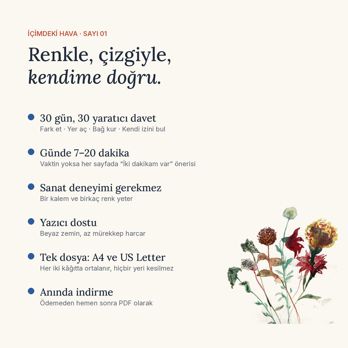 Defterin özellikleri: 30 gün, günde 7–20 dakika, yazıcı dostu, A4 ve US Letter