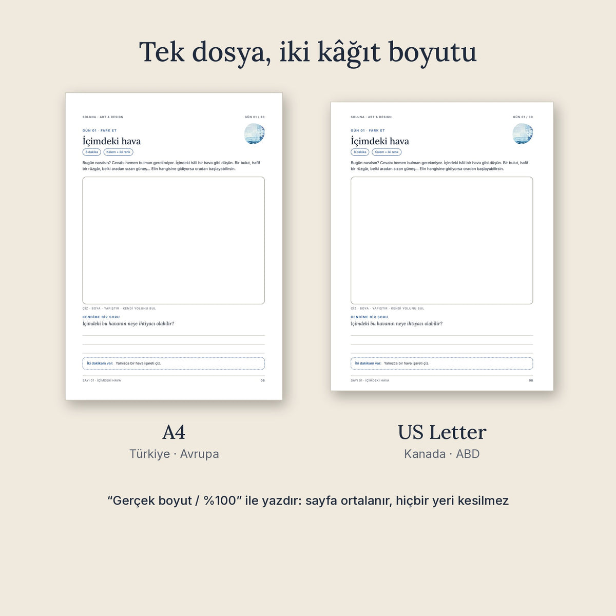 Aynı sayfanın A4 ve US Letter kâğıtta ortalanmış hali