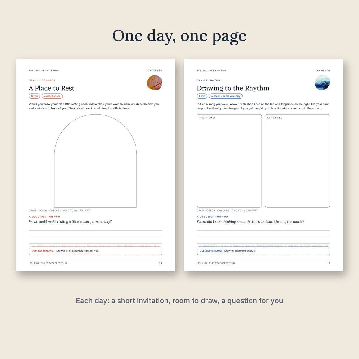 Sample daily pages: A Place to Rest and Drawing to the Rhythm