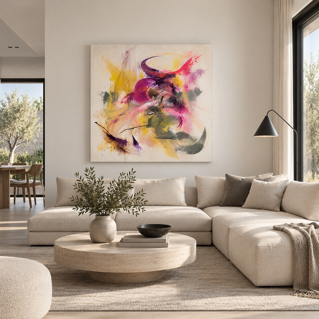 AI-generated room mockup showing Fuchsia Weather above a sofa; the room is not real, the painting is