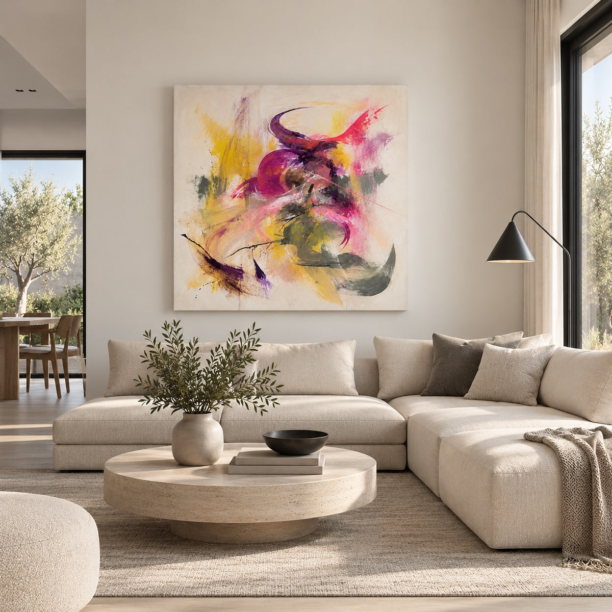 AI-generated room mockup showing Fuchsia Weather above a sofa; the room is not real, the painting is